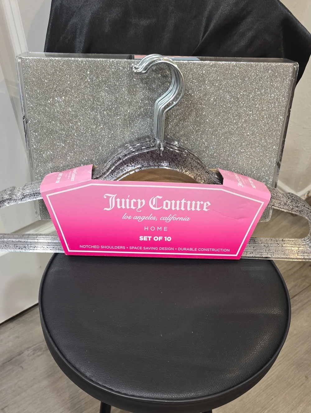 Juicy Couture Home Transparent Black Glitter Infused Hangers- 10- Silver Hook